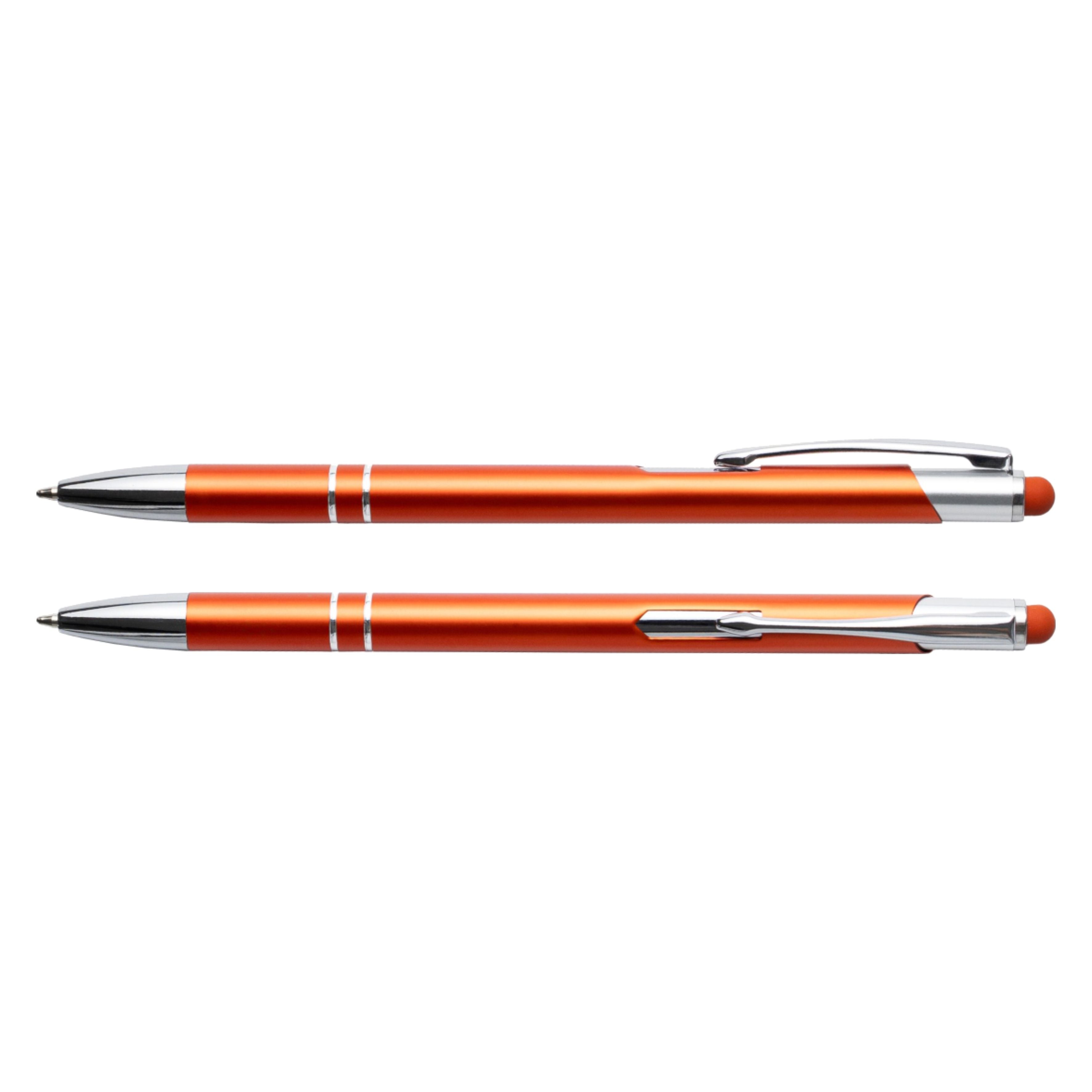Pomarańczowy cienki długopis metalowy Bello Touch Pen z grawerem laserowym logo firmy, personalizowany gadżet reklamowy B2B, B2C producent PENS4U Żary