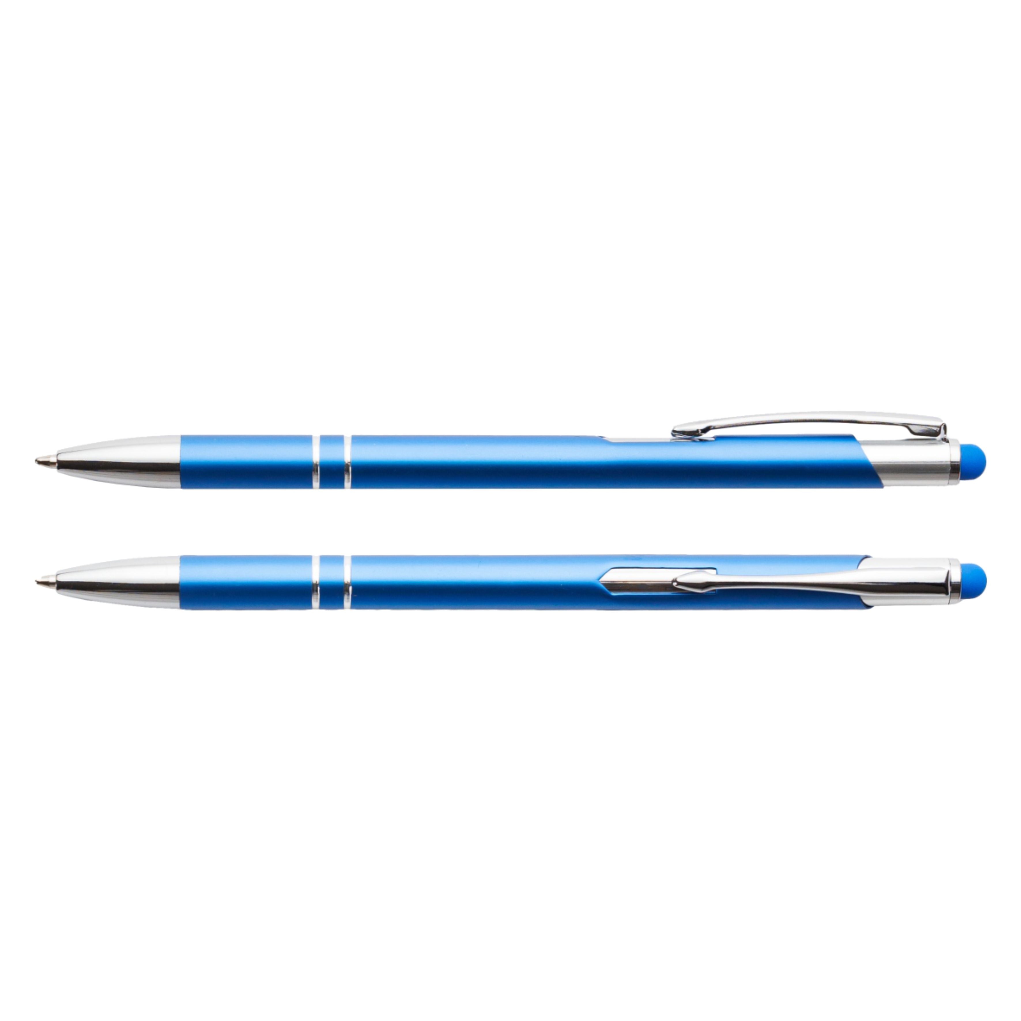 Ciemny niebieski cienki długopis metalowy Bello Touch Pen z grawerem laserowym logo firmy, personalizowany gadżet reklamowy B2B, B2C producent PENS4U Żary