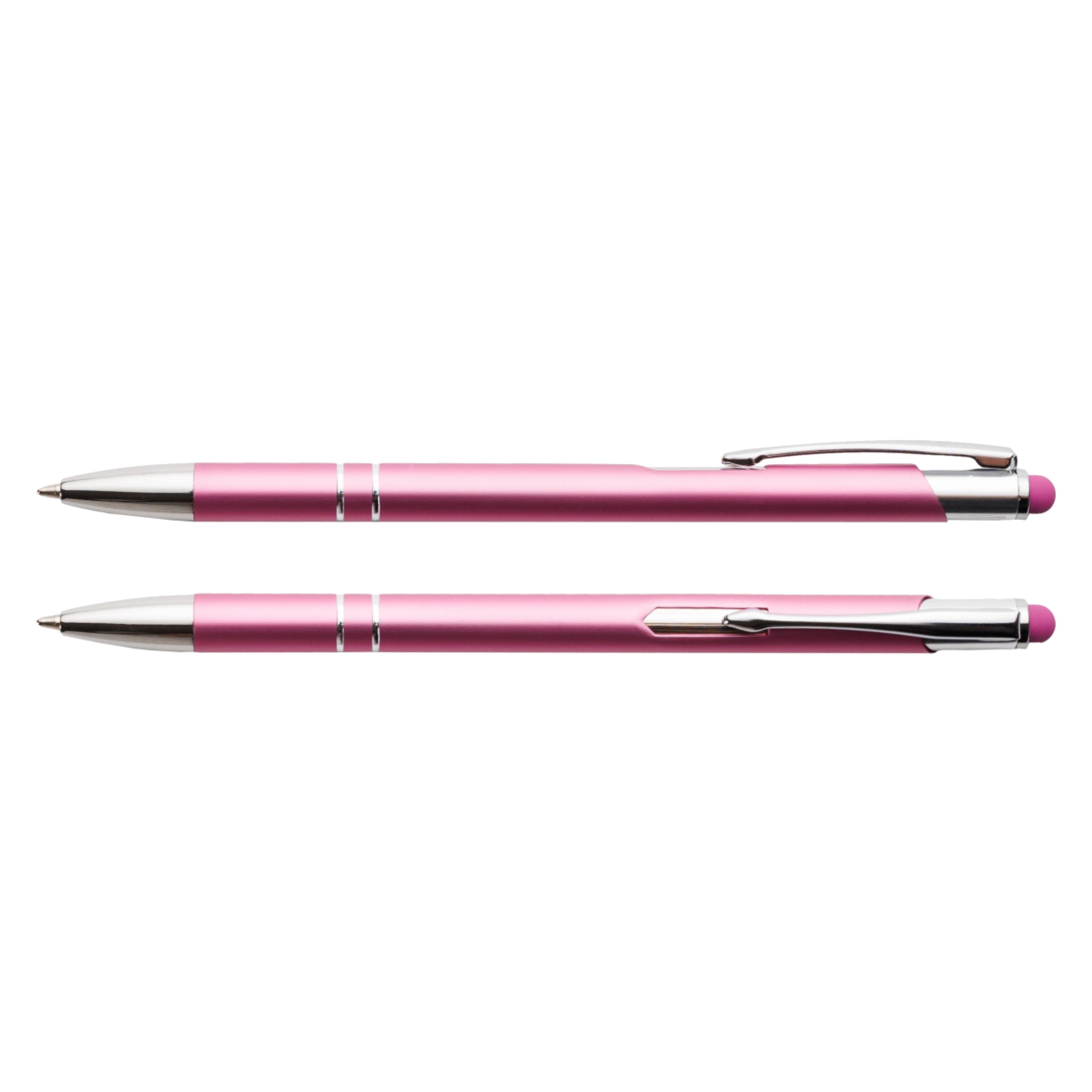 Różowy cienki długopis metalowy Bello Touch Pen z grawerem laserowym logo firmy, personalizowany gadżet reklamowy B2B, B2C producent PENS4U Żary / gumka do tablet smartfon