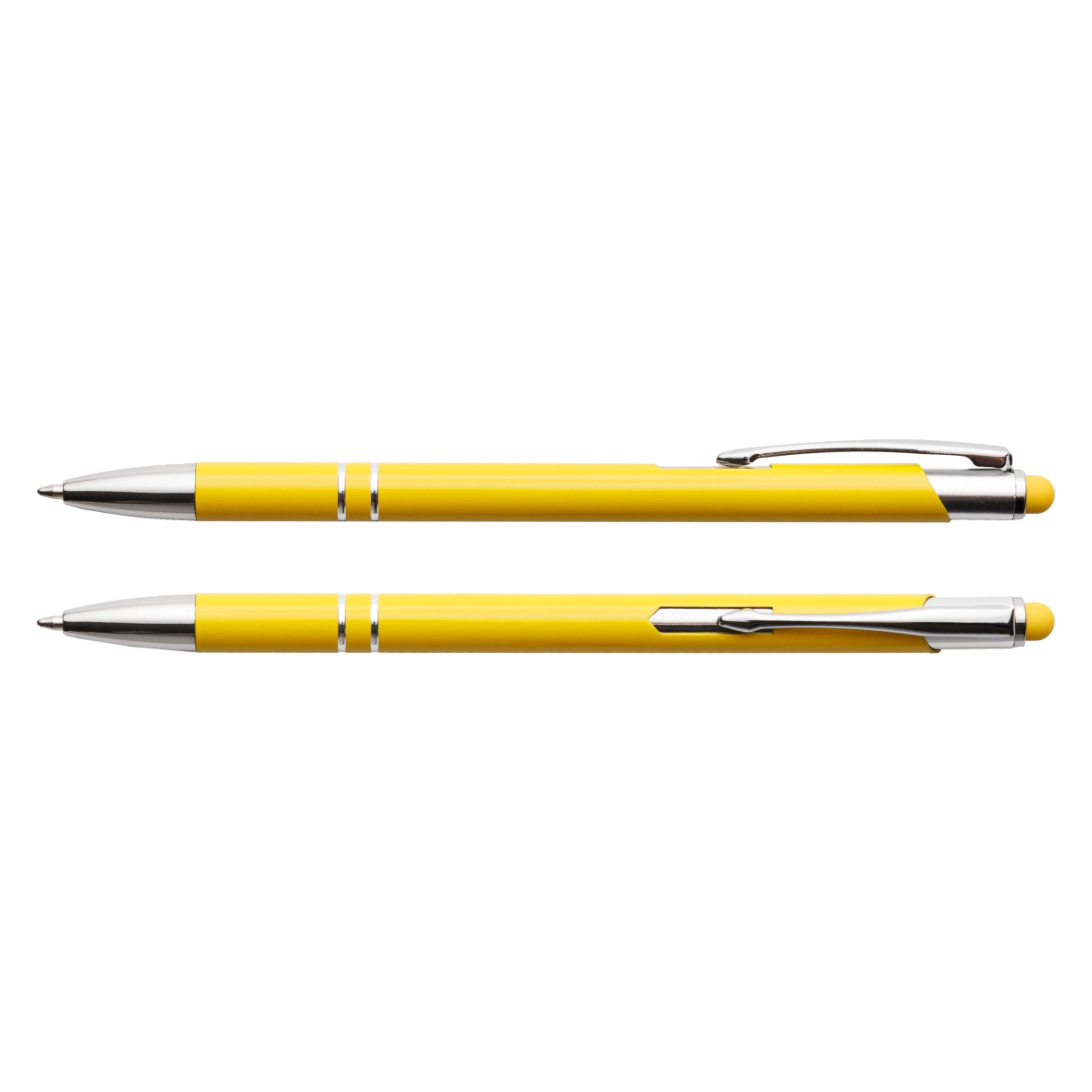 Żółty cienki długopis metalowy Bello Touch Pen z grawerem laserowym logo firmy, personalizowany gadżet reklamowy B2B, B2C producent PENS4U Żary / gumka do tablet smartfon