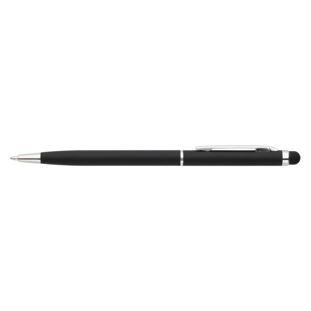 Czarny bardzo cienki długopis metalowy Gio Touch Pen z grawerem laserowym logo firmy, personalizowany gadżet reklamowy B2B, B2C producent PENS4U Żary